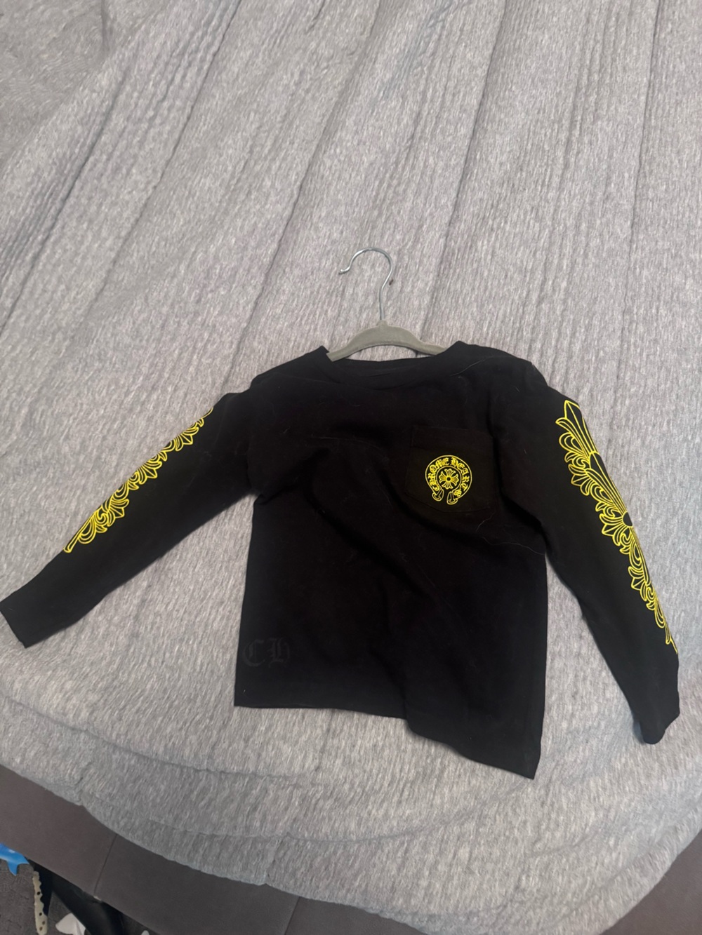 Chrome Hearts Black Kids Long-Sleeve Top with Yellow Sleeve and Pocket Accents